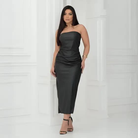 Vestido Longuete Couro Tomara que Caia Franzido na Lateral