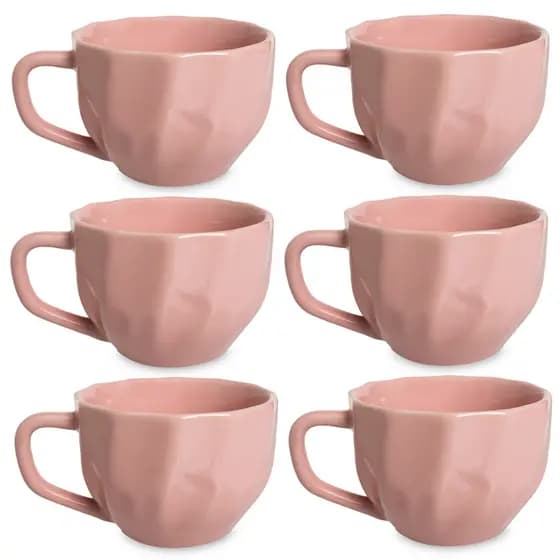 Kit 6 Xícaras de Café Prisma Porcelana Rosa 200ml Cozinha Moderna