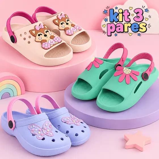 Kit 3 Pares Sandália Babuche Infantil Menina Leve e Confortável
