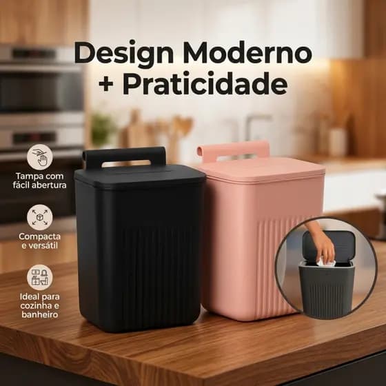 Kit até 2 Lixeiras Suspensas 9L com Tampa Retrátil Sem Furo Multiuso Porta Armário Cozinha Banheiro