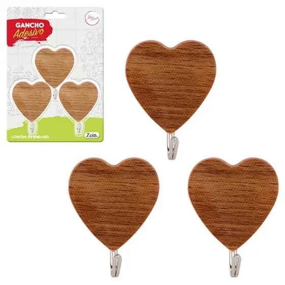 Gancho adesivo amadeirado coração 3pcs