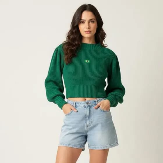 Blusa Cropped Manga BUFANTE BRASIL Hexa Trico inverno Moda Blogueira Trico Lancamento
