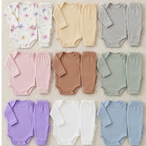 Kit 4 Peças Body Conjunto Infantil Pagão Canelado Body e Calça Roupa para Bebê 2 Conjuntos Envio Rápido
