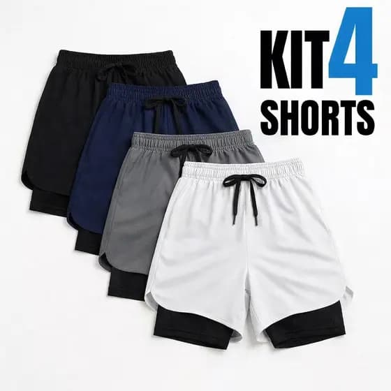 Kit 4 Shorts 2 em 1 Masculino Bermuda Academia BlackFit com Bolso Interno Compressão Corrida Treino