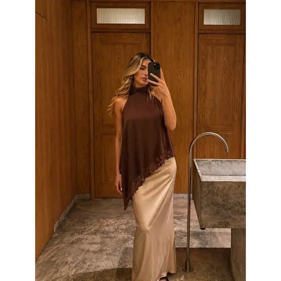 Blusa Assimétrica Feminina Renda Chique Inverno Gola Alta Casual Blusinha