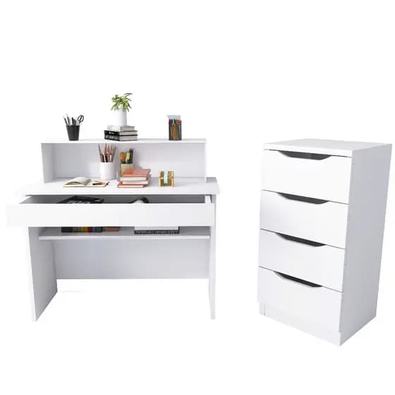 Kit Mesa Escrivaninha P/ Computador Organizador E Gaveteiro 4 Gavetas Multiuso
