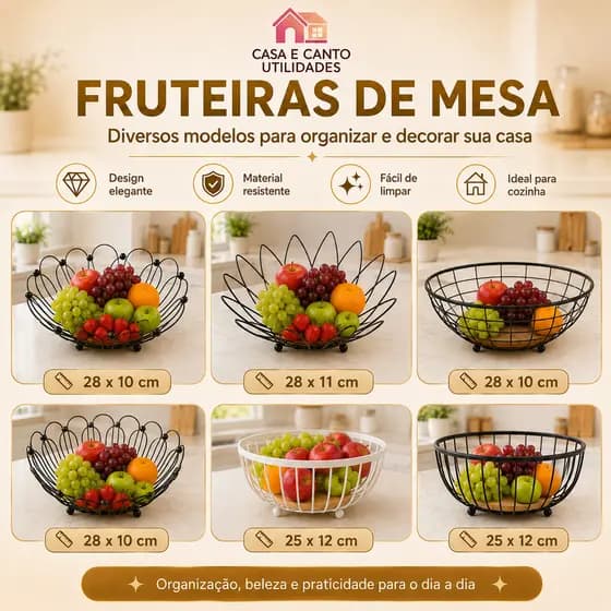 Fruteira de Mesa Rustica de Ferro e Bambu para Café da Manhã Multiuso de Metal Preto para Mesa