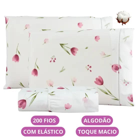 Jogo de Lençol Flores Algodão 200 Fios Solteiro Casal Queen King Toque Macio C/ Elástico