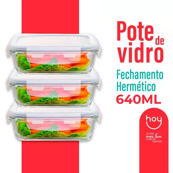 Conjunto Potes 640ml Vidro Hermético 4 Travas Marmita Alta Vedação Marmita Kit 3/2