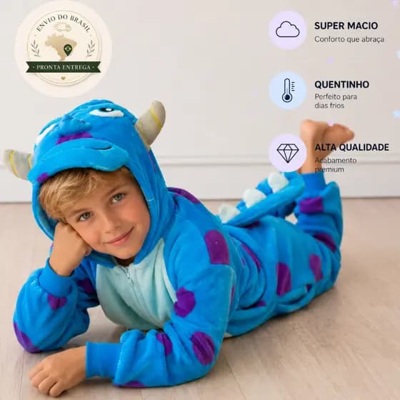 Macacão Kigurumi Infantil Menino Menina Pijama Criança Inverno Divertido Monstro SA Sullivan