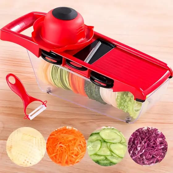 Cortador Fatiador de Legumes Multifuncional 6 em 1, Mandoline com Lâminas de Aço Inox, Vermelho