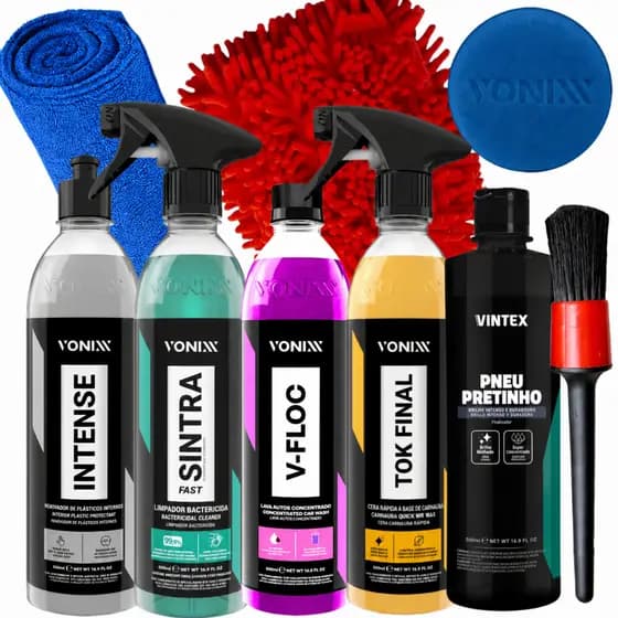 Kit Limpeza Automotiva Vonixx Shampoo V-floc Cera Tok final Intense Sintra Fast Pneu Pretinho 9 Itens