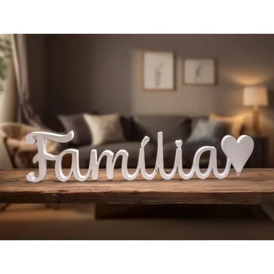 Família com Coração Impressão 3D | Letreiro Decorativo Branco | Decoração Moderna e Elegante