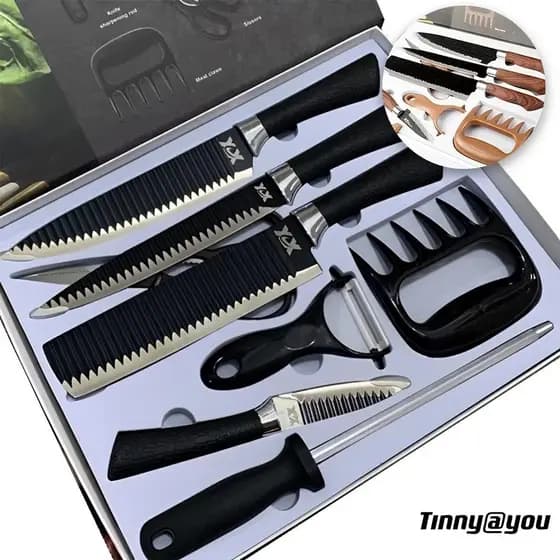 Kit de Facas para Churrasco e Cozinha: 8 Peças em Aço Inoxidável com Garra e Amolador Enviado Cor Aleatória Preto Ou Mar