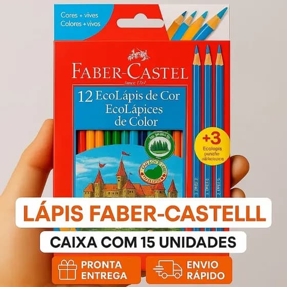 Lápis de Cor Faber-Castell 12 Cores + 3 Grafite - Escola - Artesanato - Desenho - Papelaria Completa