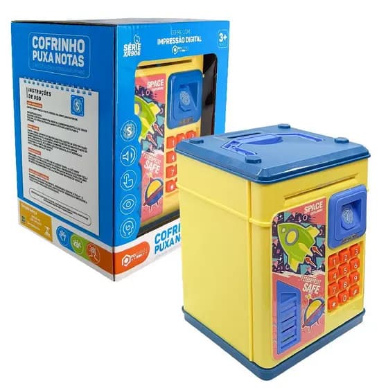 Cofre Digital Infantil Puxa Notas Biometria Foguete Amarelo