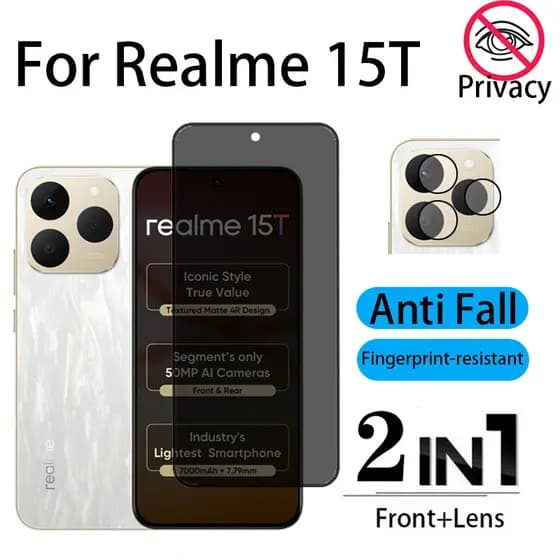 2 Em 1 Película Realme 15T Protetor De Tela Anti-Espionagem Vidro Espião 9D Para Realme 14T Note 60x C75x C71 C53