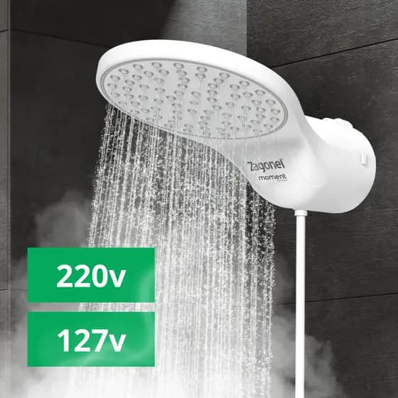 Chuveiro Ducha Moment Eletrônica Zagonel 5500W 127V 7500W 220V Branco CX.PR Regulagem De Temperatura Banheiro Casa