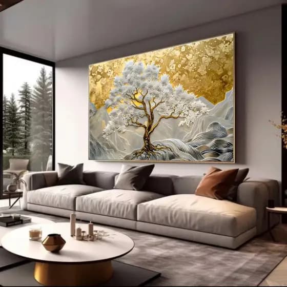 Quadro Decorativo Árvore Ipê Branco Céu Dourado Decoração de Parede Hall Luxo Sala Quarto MDF