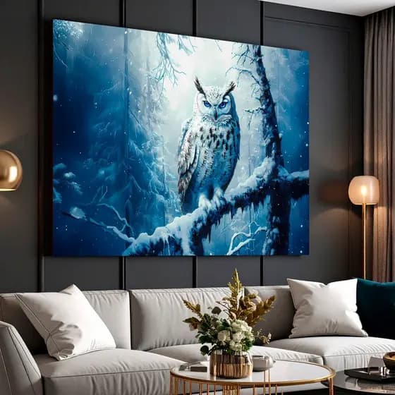 Quadro Decorativo Painel Coruja Azul Paisagem Gelo Sala Quarto Cafeteria Escritório 110x80