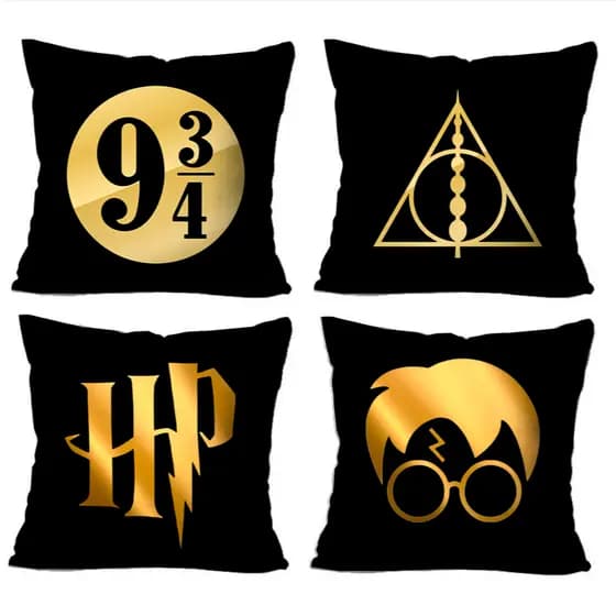 Kit 4 Capas de Almofada Harry Potter- Capa de Almofada Minimalista 40x40cm com Zíper Estampada Kit 4 Peças
