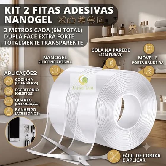 Kit De 2 Fitas 3 Metro Dupla Face Extra Forte Transparente NanoGel Silicone Adesiva Cola na Parede Móvel Porta Bandeira