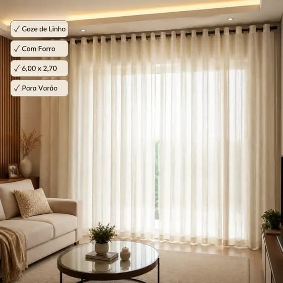 Cortina Gaze De Linho 6 Metros x 2,70 Altura Com Forro Microfibra P/ Varão Sala Quarto Moderna Luxo