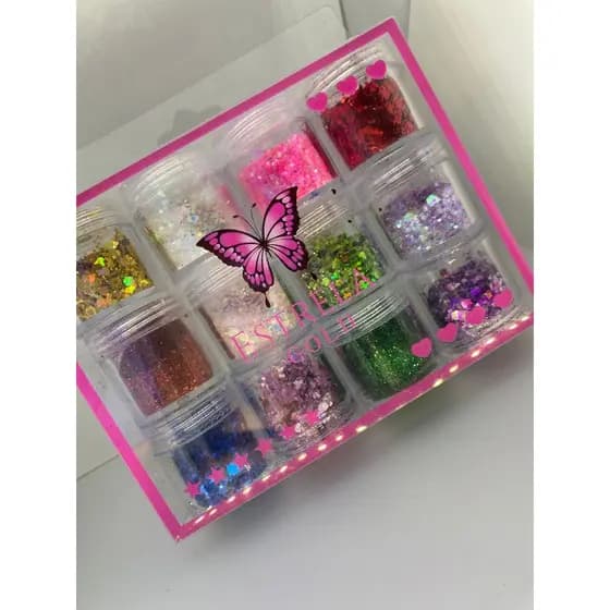 KIT 12 Glitter Floocado/Sortidos Carnaval glitter decoração de unhas glitter para unha Estrela Gold