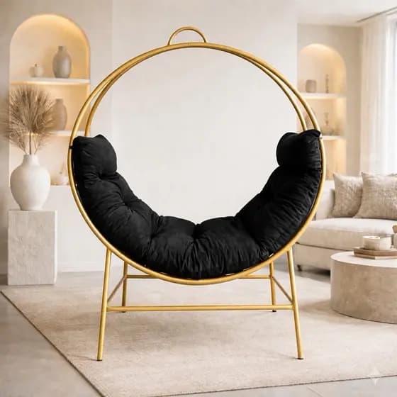 Poltrona Lua Redonda Decorativa com Estrutura Dourada e Almofada veludo várias cores