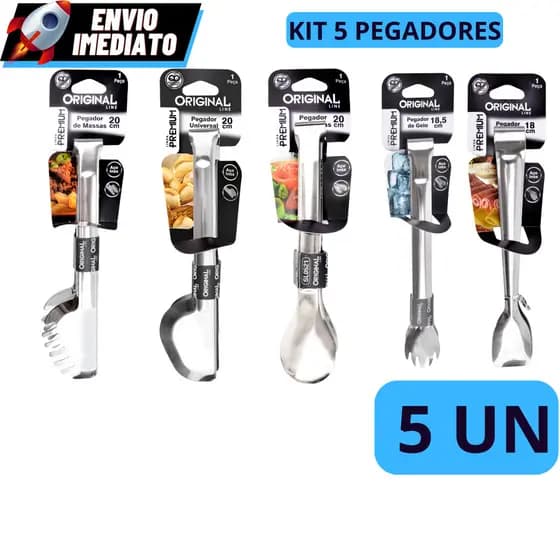 Kit 5 Pegadores - Massa 20cm - Salada 20cm - Universal 20cm - Gelo 18,5cm - Frios 18,5cm em Aço Inox