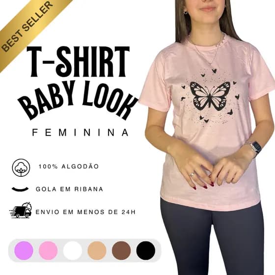 T-shirt Baby Look Blusinha Feminina Borboleta 100% Algodão Toque Macio