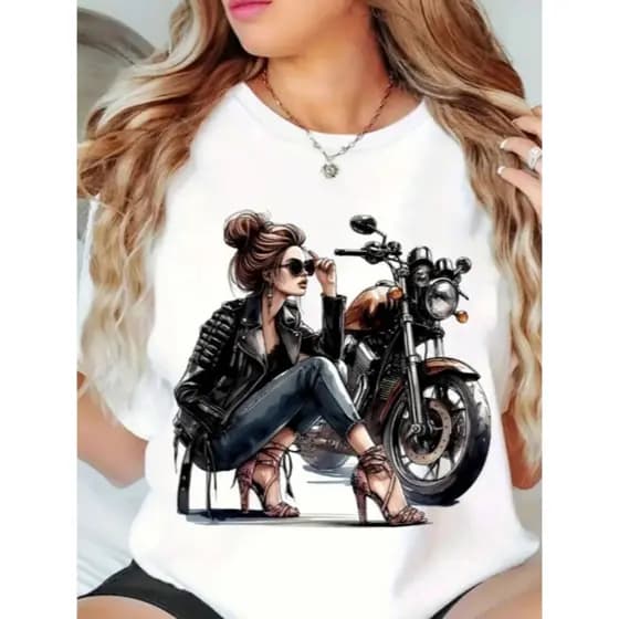 Camiseta Feminina de Gola Redonda Estampada Motorcycle Motocicleta T Shirt 100% Algodão