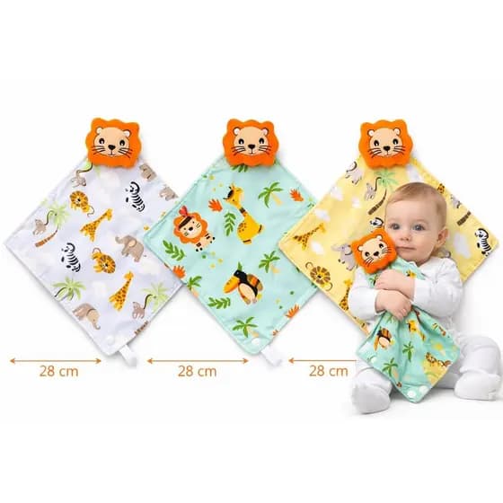Kit 3 Naninhas com Prendedor de Chupeta para Bebê Safári Selva Leão