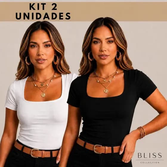 Kit 2 Camisetas Blusas Cropped Femininas Manga Curta Gola Quadrada Suplex Premium Forro Duplo Casual