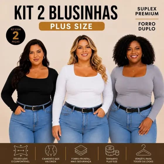 Kit 2 Blusas Plus Size Feminina Manga Longa Gola Quadrada Suplex Básica Forro Duplo Segunda Pele