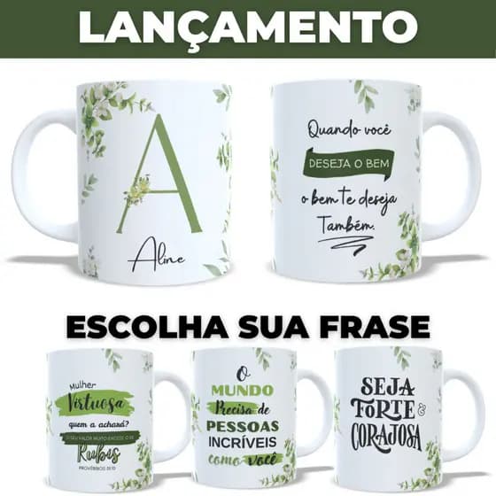 Caneca Letra Floral Verde Personalizada com Nome Porcelana 325ml Presente para Mulheres