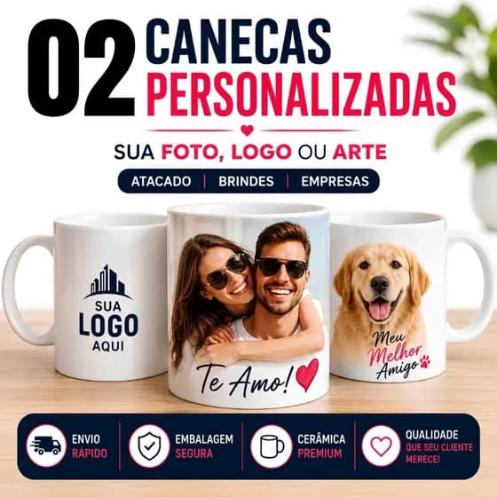 Caneca Personalizada para Empresas Logotipo,Fotos Presentes e Marca e Eventos Kit 2