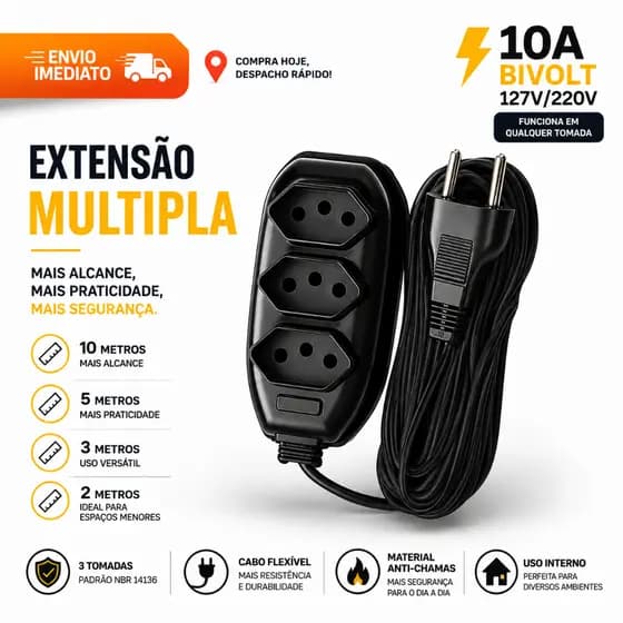 EXTENSÃO 2/3/5/10 METROS 110/220V 3 ENTRADAS 10A - COR PRETA
