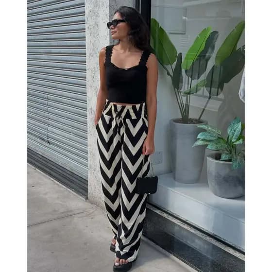 Calça Feminina Pantalona Estampada Branca Cintura alta
