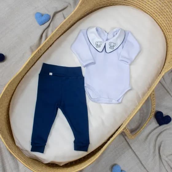 Conjunto Body e Calça Bebê Menino Elefante Marinho Suedine 100% Algodão Bory Masculino Gola Bordada
