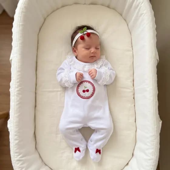 Macacão de Bebe Branco Menina Cerejinha Renda na Gola e Punhos Faixinha Combinando Roupas de Bebê
