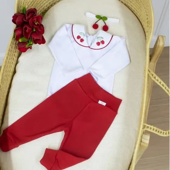 Conjunto bebê menina premium antialérgico calça e body faixinha Conjunto Cerejinha Vermelha 03 Peças