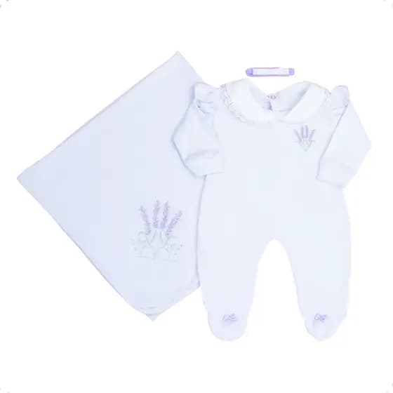 Saída Maternidade Menina Minimalista Luxo Bordado Lavanda Conjunto Infantil Menina Luxo