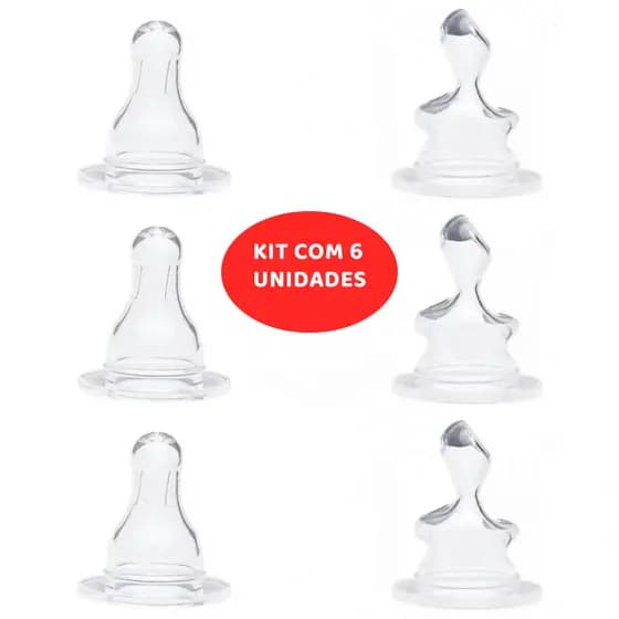 Kit com 6 Bicos de Mamadeira Redondo ou Ortodôntico 100% Silicone