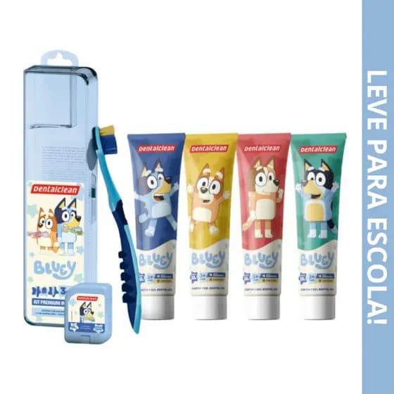 Kit Infantil Bluey Dentalclean 3 em1 Escova Macia + Gel Dental + Fio Dental 20m Original