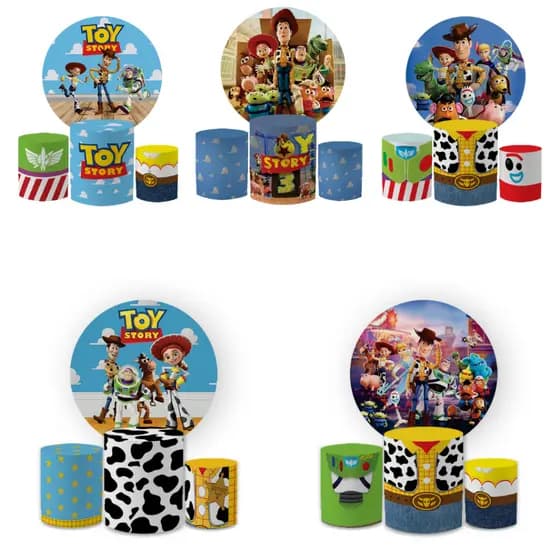 Kit Capa Painel Redondo 1,5 + Trio Cilindros Toy Store Wody Decoração Aniversário Infantil