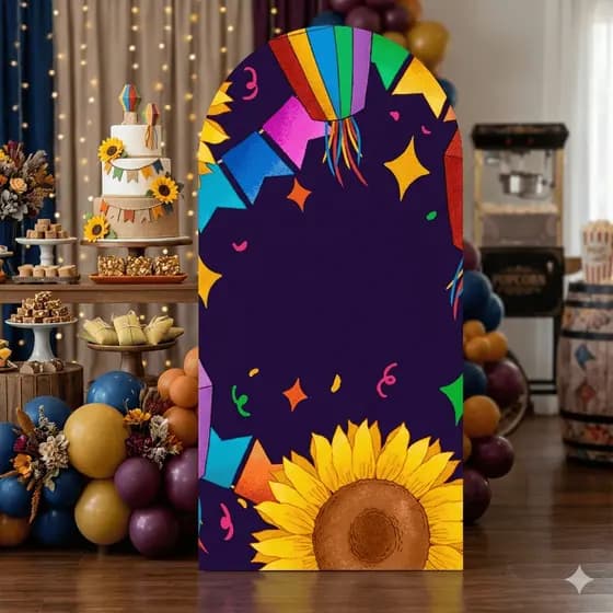 Painel Romano Festa Junina Arraiá Xadrez com Bandeirinhas e Fogueir Decoração São João Infantil