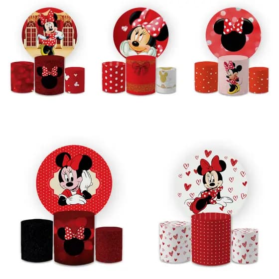 Kit Capa Painel Redondo 1,5 + Trio Cilindros Decoração Aniversário Infantil Minni Vermelha
