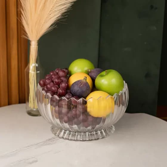 Fruteira De Cristal Canelado Redonda Com Base Transparente