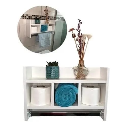 Nicho Porta Toalha Em MDF Branco Suporte Para Papel Organizador Banheiro